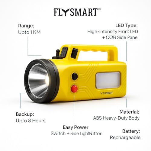 Image of Flysmart Bullet Queen Heavy Duty LED Searchlight Rechargeable, Long Range Focus Beam, Powerful Battery, Waterproof Torch with Side LED for Camping & Emergency