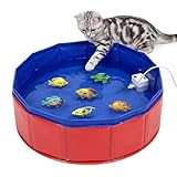 JUXINE Katzen Spielzeug Pool mit Fisch Attrappen – Interaktives Wasserspiel für Drinnen Katzen, Katzenteich mit Springbrunnen Pumpe, Schwimmendes Spielzeug für Katzen & Kleine Hunde