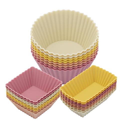 Image of 24Pack Silicone Muffin Cups, Reusable Cupcake Liners Molds for Baking, 3 Shapes Lunch Box Bento Dividers-Round, Square, and Rectangular