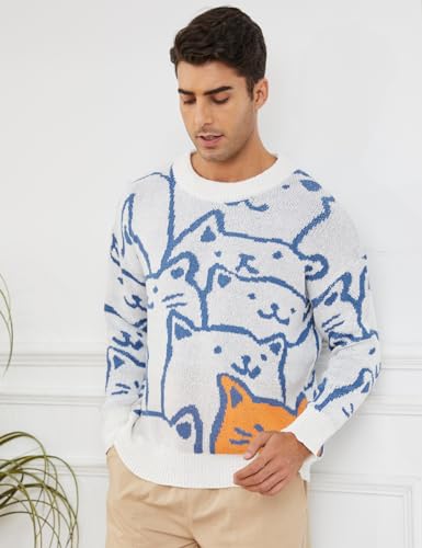 Gihuo Mens Graphic Pullover Sweaters Vintage Loose Sweaters Crewneck Long Sleeve Knitwear Cute Argyle Print Knit Top2