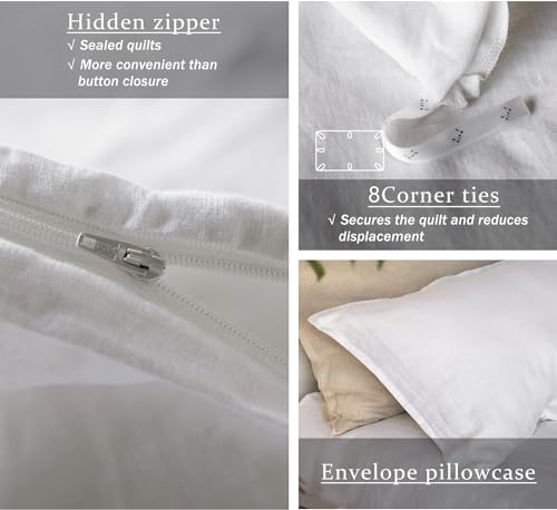 Image of XZ XIFA 100% Washed French Flax Linen Duvet Cover Set - 3 Pieces, Cooling & Textured Farmhouse Bedding for Hot Sleepers, with Zipper Closure (White, California King)