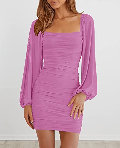 Image of MEROKEETY Women Square Neck Lantern Long Sleeve Mesh Ruched Bodycon Clubwear Mini Dress