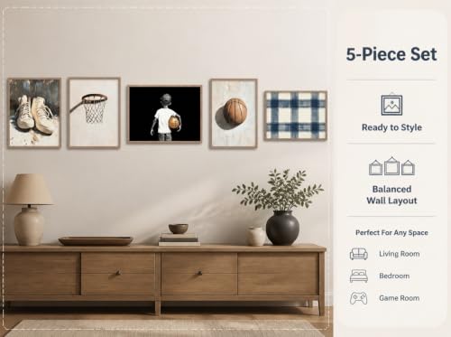 5Pcs Vintage Basketball Framed Wall Art, Retro Sports Themed Decor for Boy's Room, Children's Room Basketball Canvas Prints, Sport Pictures for Kids Room Nursery Decor 12x16 Inch Solid Wood Frame by guajunsanh - Used condition - Image 4