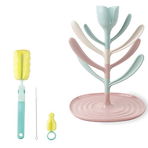 Image of MOMEEMO Baby Bottle Drying Rack with Baby Bottle Brush,Nipple Brush & Straw Cleaner,Baby Bottle Accessories let Baby Bottle Clean（Pink Set）