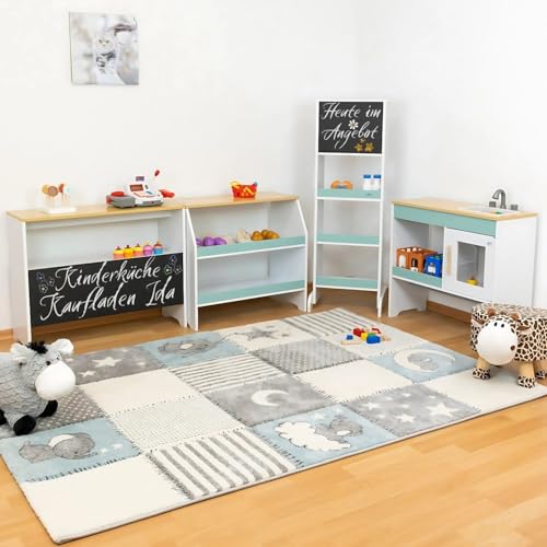 Tienda de juguetes Ida, turquesa, juego de 4 con fregadero, cocina infantil grande, tienda de comerciantes para niños, cocina de juguetes, juguetes y accesorios de cocina, cocina de madera con pizarra