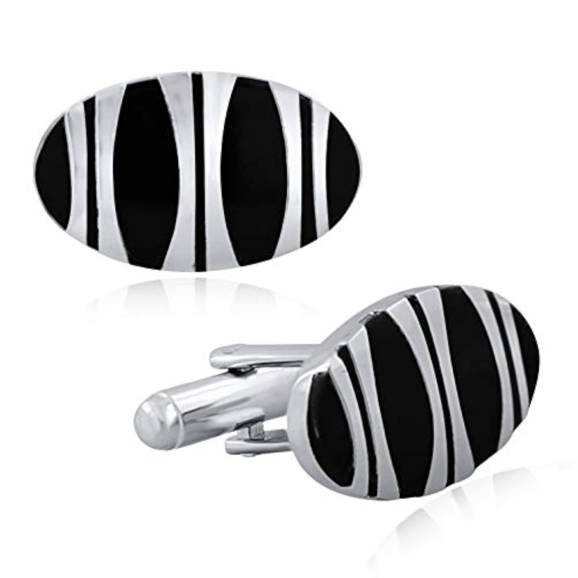 Men's Oval Black & Silver Rhodium Cufflinks, Gift Box Included