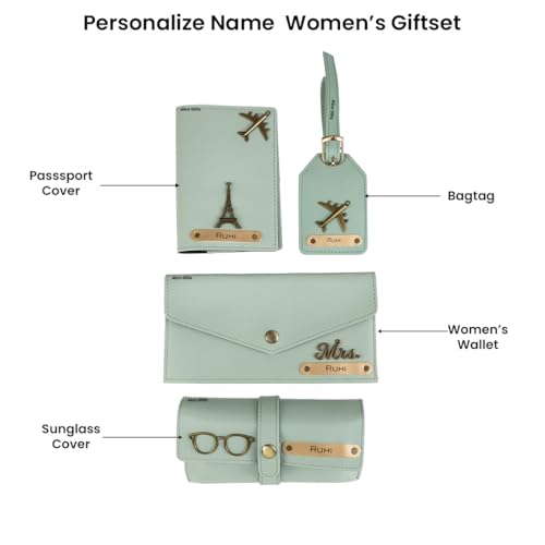 Image of AICA Personalised Name & Charm Womens Leather Combo Gift Set (Mintgreen) | Gifts for Women| Customised Gift Hamper for Woman