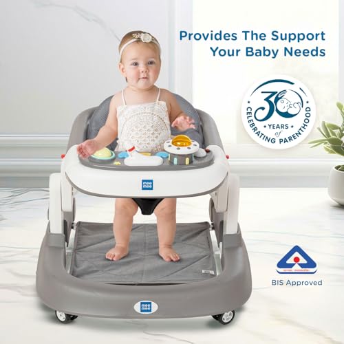 Image of Mee Mee 2-in-1Baby Walker | 3 Level Adjustable Height | Musical Detachable Toy Bar with Lights | Compact and Portable | Washable Cushioned Walker | Age 6-18 Months| 15kg | Grey
