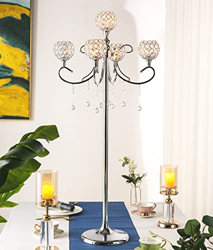 Lanlong Tall 5 Arm Silver Candelabra Floor Centerpiece, 45.3In Classic Elegant Design Candle Holder With Crystal Drops, Retro Candelabras Floor Centerpiece For Wedding Party Corridor Decoration #TOP1