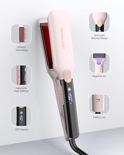 Image of ANNLARY Hair Straightener, 1.75 Inch Flat Iron with Infrared and Ionic Technology, Titanium Plate with Ceramic Coating Dual Voltage Straightener with Heat-Resistant Silicone for All Hair Types