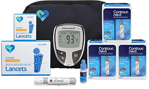 Image of O'WELL Contour Next EZ Diabetes Testing Kit | Contour Next EZ Meter, 150 Contour Next Blood Glucose Test Strips, 150 Lancets, Lancing Device, Control Solution, Log Book, User Manual & Carry Case