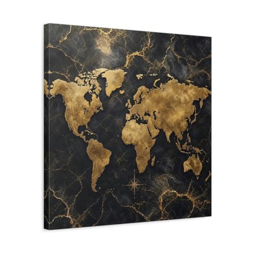 Toile carte du monde noir et or 50x50cm avec châssis de 3cm pour une décoration murale haut de gamme