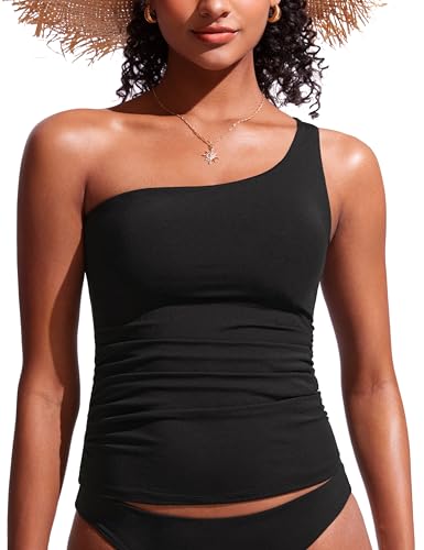 CRZ YOGA One Shoulder Tankini Tops for Women Ruched Bathing Suits Tummy Control Adjustable Swimsuit Only No Bottom Padded