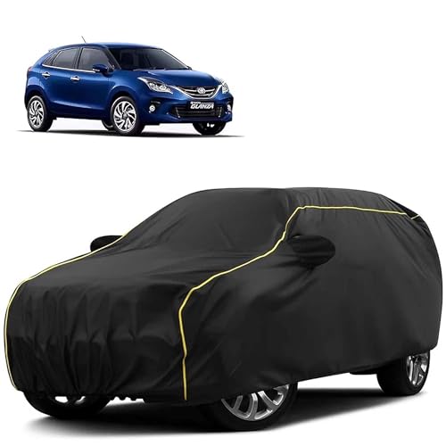 Image of Sulfar 100% Water Resistant Car Body Cover Compatible with Mirror for Toyota Glanza(Baleno) (Triple Stitched, Full Bottom Elastic, Black Tafetta with Yellow Piping)