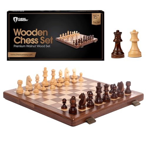 Chess Armory Wooden Chess Set 15 Inch - Premium Walnut Wood Handcrafted Game Board for Adults and Kids with Extra Queen Pieces and Storage Box - Ideal...