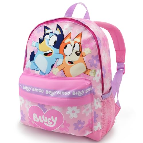 Bluey Sac à dos pour fille - Lilas - Sac à dos pour enfant Bingo, imprimé cœur, poche kangourou et bretelles rembourrées - Sac d'école pour enfants de 2...