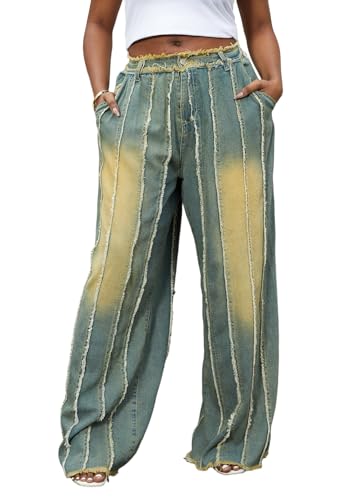 DINGANG Women's High Waisted Wide Leg Jeans Ripped Distressed Patchwork Denim Raw Baggy Y2K Stretchy Pants