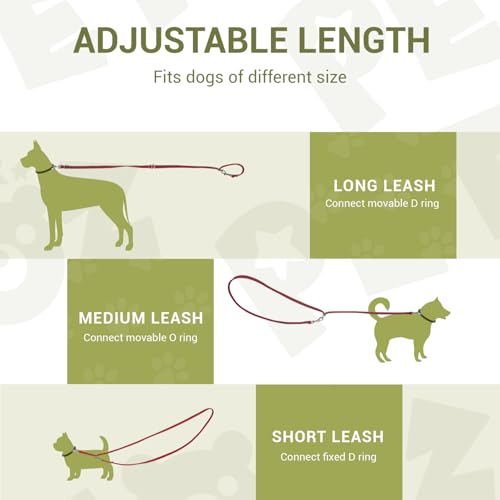 PETCOOZ Hundeleine 2 m Verstellbare Schleppleine mit 2 Karabiner, Verdickte Doppelleine Führleine für Kleine Mittelgroße Hunde, Freihandleinen Übungsleine aus Nylon, Weinrot