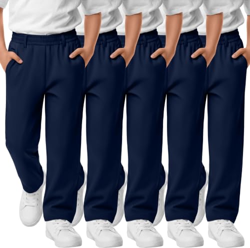 Vinsatin 5 Pack Boys' School Uniform Pants Pull-On Straight Fit Trousers with Pockets Elastic Waist Dress Pants for Kid 5-14Y(13-14 Years,Navy Blue)