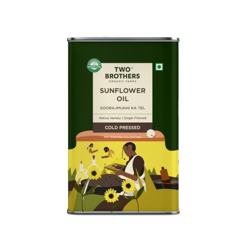Image of Two Brothers Organic Farms India's Only Certified Glyphosate Free Sunflower Oil I Cold-Pressed (5L) | Rich in Omega-6 & Natural Antioxidants | Pure, Single-Filtered | Ideal for Frying, Sauteing & Tadka
