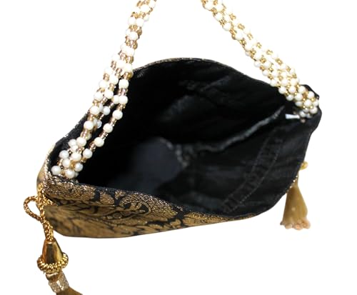 Image of MILAN'S CREATION Banarasi Silk Brocade Potli Bag Purse With Base Drawstring Women's handbag with Pearl Handle & Tassel Weddings