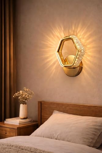 Image of Groeien Pack of 2 | 10W | 3 Color Modern LED Hexagon Shape Crystal Wall Sconce Gold Wall Light for Bedroom Living Room Corridor Lighting Fixtures Wall Mount(Hexagon Crystal-Golden, 2)