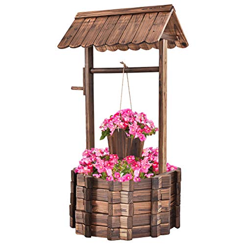 COSTWAY Fontaine de Jardin d'Ornement en Bois de Sapin Traité Carbonisation, Puit de Jardin 56 x 56 x 114 cm avec Seau et Manivelle, Décorative de Jardin