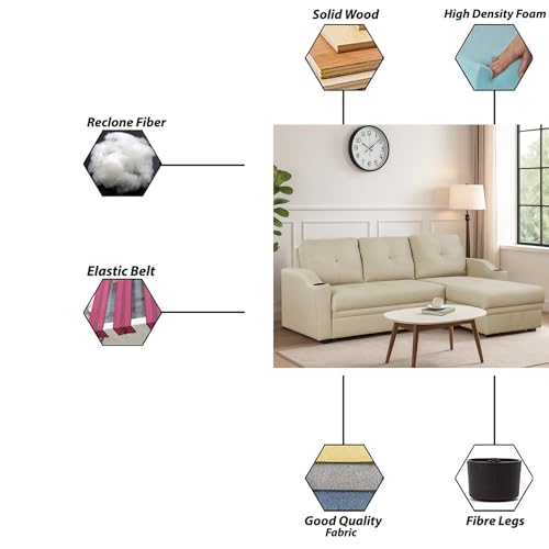 Image of Casaliving Ravonna RHS 4 Seater L Shape Corner Sofa Cum Bed for Living Room (Cream Fabric) Premium Fabric Sofa