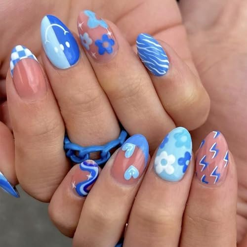 GlamRays Uñas Postizas Azules Largas Almendradas de Acrílico Brillantes con Diseños de Corazones, Líneas Onduladas, Relámpagos y Flores, 24 Piezas por Set