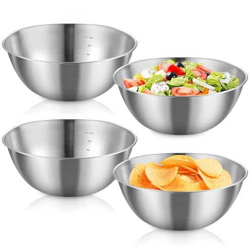 PORFOYO Cul De Poule Inox, 4 Pièces Saladiers 1200ml, Cul De Poule Inox, Bol Inox, Saladier Inox Avec Balance Pour Mélanger Salade De Fruits, Riz Et Pâtes