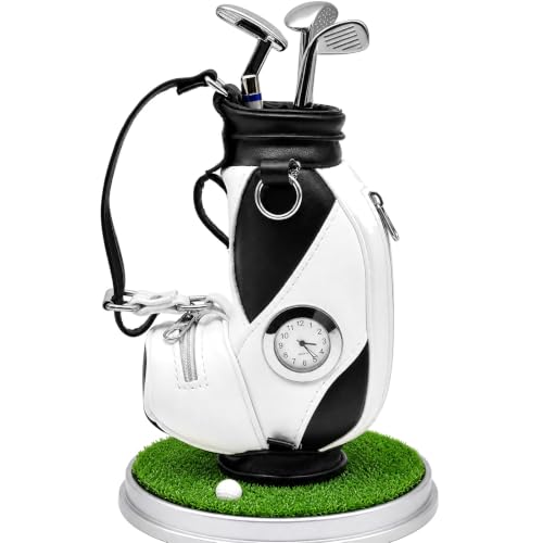 Image of Mini Golf Pen Holder with Clock and 3 Pens Lawn Base for Desk, Golf Gifts Set Bag Cart Souvenirs Gifts for Men Dad Golfer Fans Fathers Day Desktop Ornament Desk Organisers (White/Black - Golf Bag)