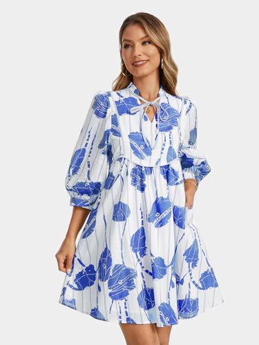 Image of EZAPINE Women Floral Babydoll Mini Dress V Neck 3 /4 Puff Sleeves A Line Flowy Swing Summer Sun Dresses