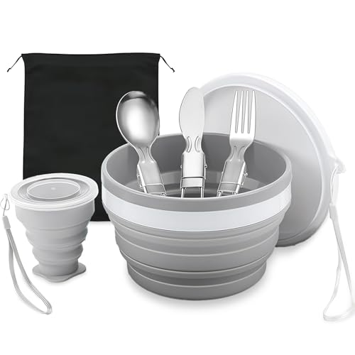 Yamobi Ensemble Camping 6 pièces Vaisselle Pliable - Set Couverts Inox (Couteau, Cuillère, Fourchette), Gobelet, Bol, Assiette et Sac en filet, idéal pour...
