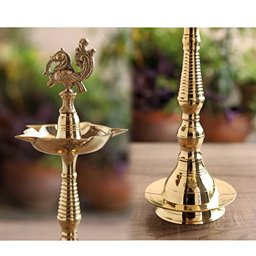 Image of Indian Art Villa Pure Brass Shine Finish Stand /Pillar Diya /Deepak /Lamp /Lantern with Peacock Design, Pooja, Home Decor & Diwali Gift Item, Height-18 Inches