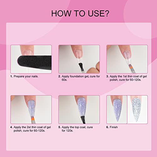 Saviland Reflective Glitter Gel Nail Polish Set - 6 Colors Super Flashing Diamond Gel Polish Set with Nail Brush, Purple Blue Black Sparkling Soak Off UV/LED Nail Gel Manicure Kit - Image 7