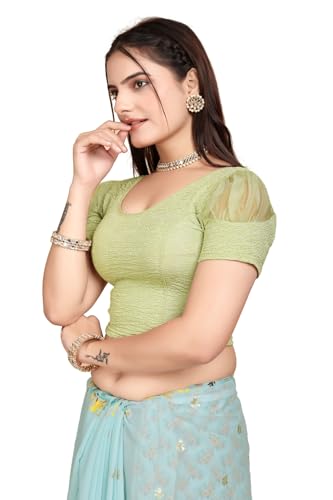 Image of SFT Women's Organza Patch Readymade Saree Blouse with Round Neck Half Sleeves Abstract Pattern Pull On Closure Regular Fit and Standard Length
