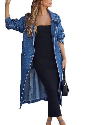Trench-Coat à Ceinture en Jean pour Femme - Veste Longue à Double Boutonnage - Manteau Bleu Long