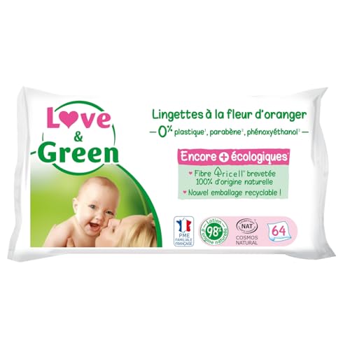 Lingettes bébé Parfumées Fleur D'Oranger Biodégradables Fibres Naturelles LOVE & GREEN - le paquet de 64 lingettes Lot De 3 - Par Lot