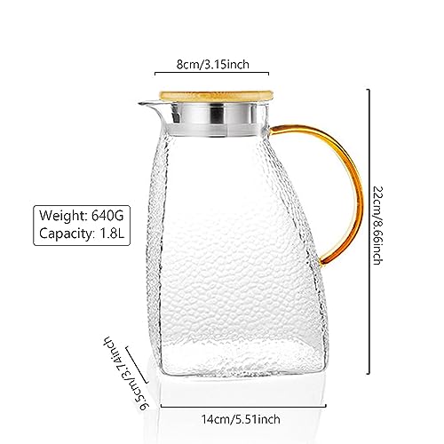 YBCPACK 1.8 Litre Glass Water Jug with Bamboo Lid, Large Heat Resistant Carafe Pitcher with Handle for Hot/Cold Drinks - Image 2