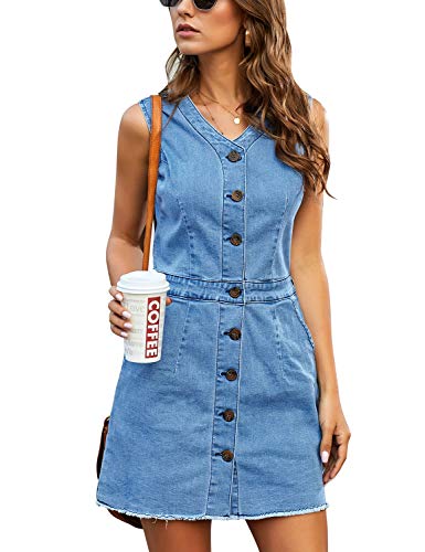 LookbookStore Women Sleeveless V Neck Button Down Frayed Hem Short Denim Dress4