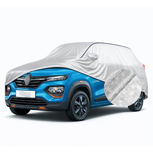 Image of SEAZEN Waterproof Car Cover for Renault Kwid | Dustproof, UV & Scratch Resistant Soft Cotton Lining | Triple Stitched, Mirror Pockets & Elastic Hem | Metallic Silver with Black Piping