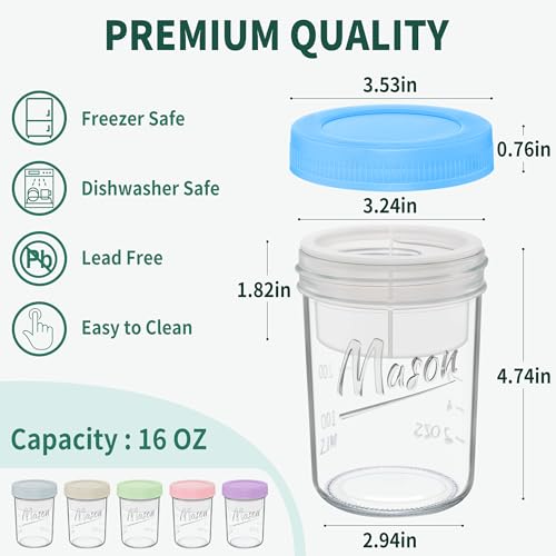 Xyptorix 16 oz Overnight Oats Containers with Lids, 6-Pack Leak-Proof Wide Mouth Mason Jars & Separate Compartments for Fruits/Nuts, Airtight Glass Jars for Chia Pudding, Yogurt, Parfait and Salad by Xyptorix - Image 6