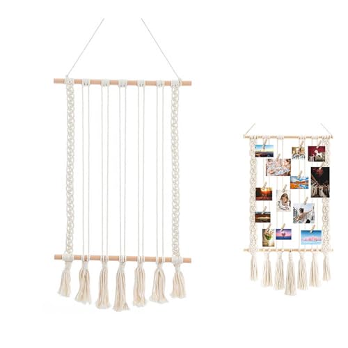 MOUMOUTEN Hanging Photo Display, Boho Macrame Wall Decor, Picture Frame Collage Board with 10 Wood Clips, for Birthday Party Room Bedroom Dorm, White