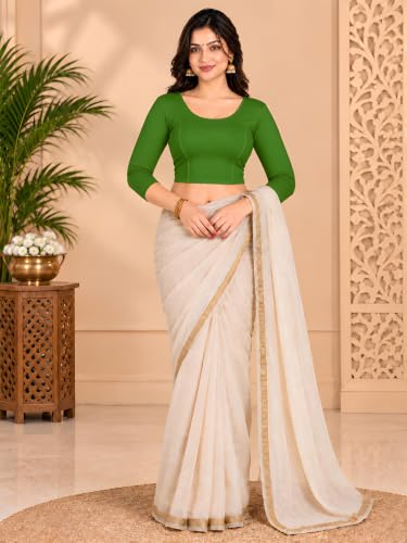 Image of Abhi Cotton Readymade Saree Blouse for Women- 3 /4 Sleeve, Round Neck, Regular-fit, Stretchable, Pull-on Style