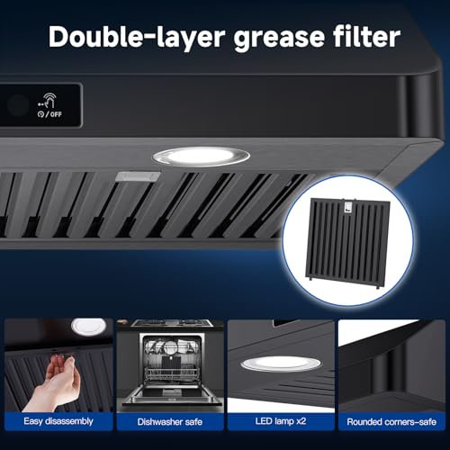 Image of AMZCHEF 30 inch Under-Cabinet Range Hood, 750 CFM Black Kitchen Vent | Stainless Steel hood with Touch /Remote /Gesture Control, timer, LED lights & dishwasher-safe baffle filters 3 outlets