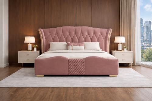 Image of Upholstered Queen Size Bed with Box Storage for Bedroom | Wooden Double Bed with Wooden Ply with Storage | Platform Cot Palang with Headboard | 6.5 x 5 Ft | Sheesham Wood | Onion Pink