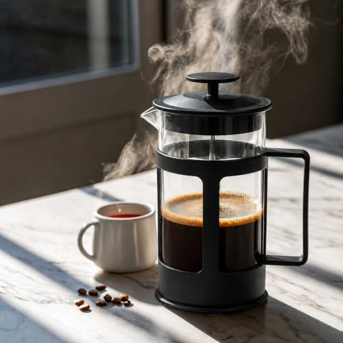 Image of French Press Coffee Maker 600ml | Borosilicate Glass Coffee & Tea Maker with Stainless Steel Filter | Manual Coffee Press Brewer for Home Kitchen Office | Easy Clean Black