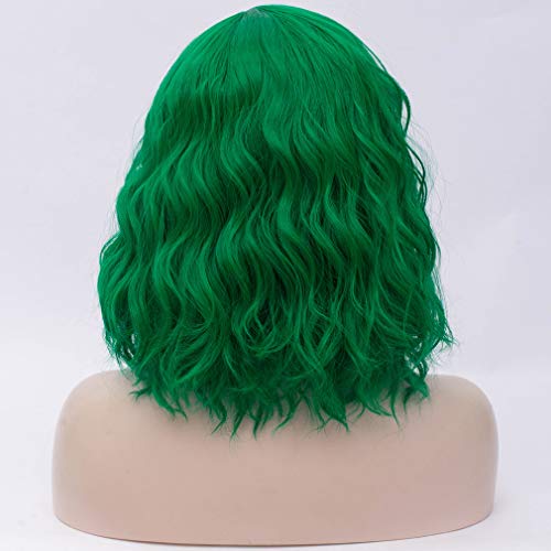 Image of BERON Green Wigs for Womens Short Curly Wavy Hair Wig Girls Dark GreenSide Part Wigs Heat Resistant Synthetic Party Cosplay or Daily Wig