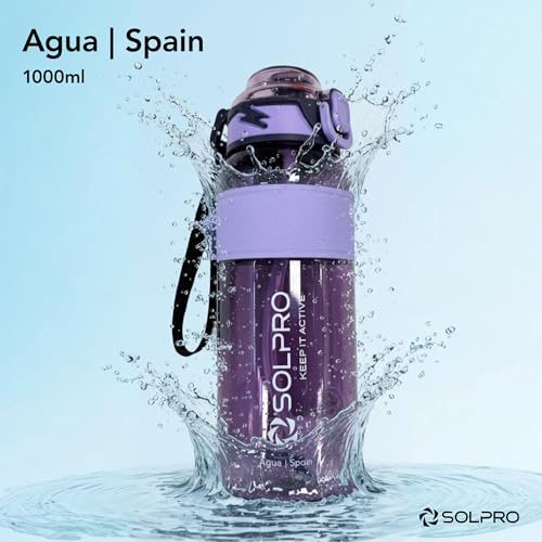 Image of Solpro Agua Spain Sipper Water Bottle 1000 ml Leakproof BPA Free, Sipper Bottle for Kids, Men, Women, Adults for School, Office, College, Travel, Gym, Workout, Outdoor, Camping (Purple /Purple)