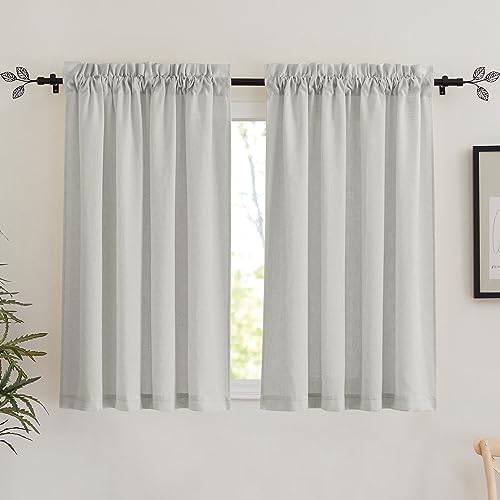 RYB HOME Linen Sheer Curtains 45 inches Length - Light Filtering Privacy Added Short Curtains for Small Window Boho Decorative Drapes for Kitchen Bathroom RV car, W52 X L45, Light Grey, 1 Pair